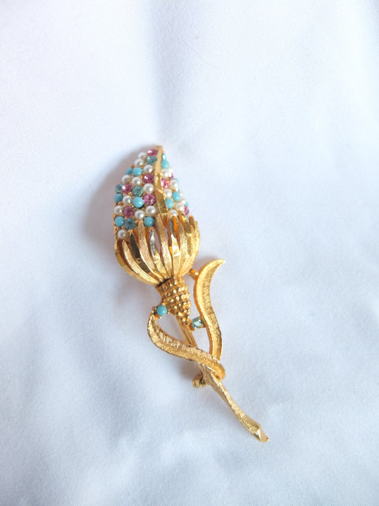 Vintage Gold Tone Pearls Rhinestones Flower Brooch