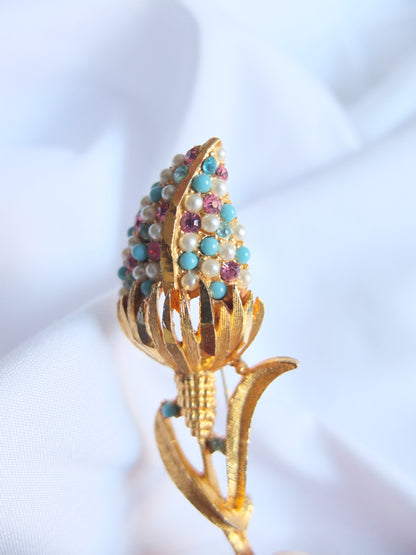 Vintage Gold Tone Pearls Rhinestones Flower Brooch