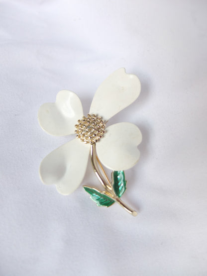 Vintage White Enamel Flower Brooch