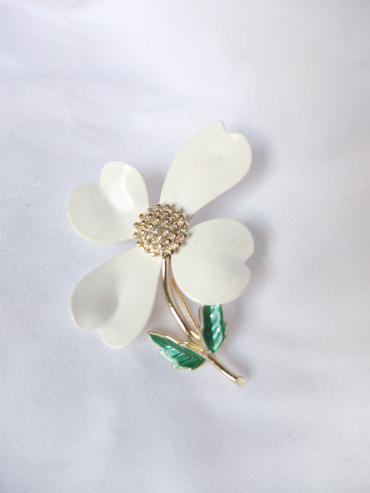 Vintage White Enamel Flower Brooch