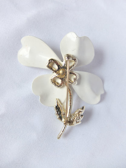 Vintage White Enamel Flower Brooch