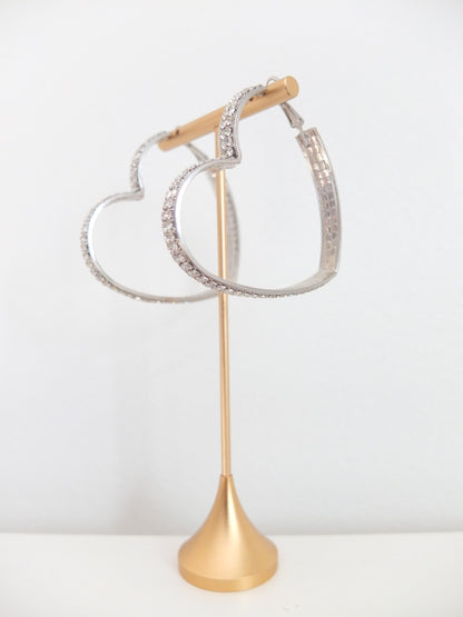 Vintage Silver Heart Rhinestone Hoops