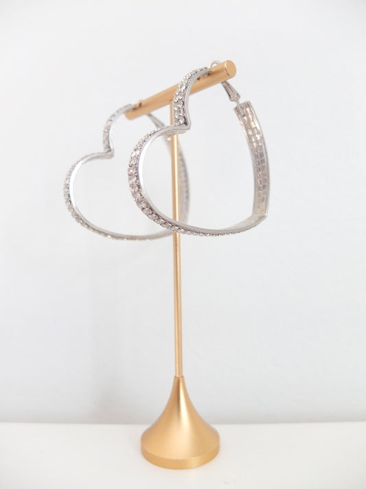 Vintage Silver Heart Rhinestone Hoops