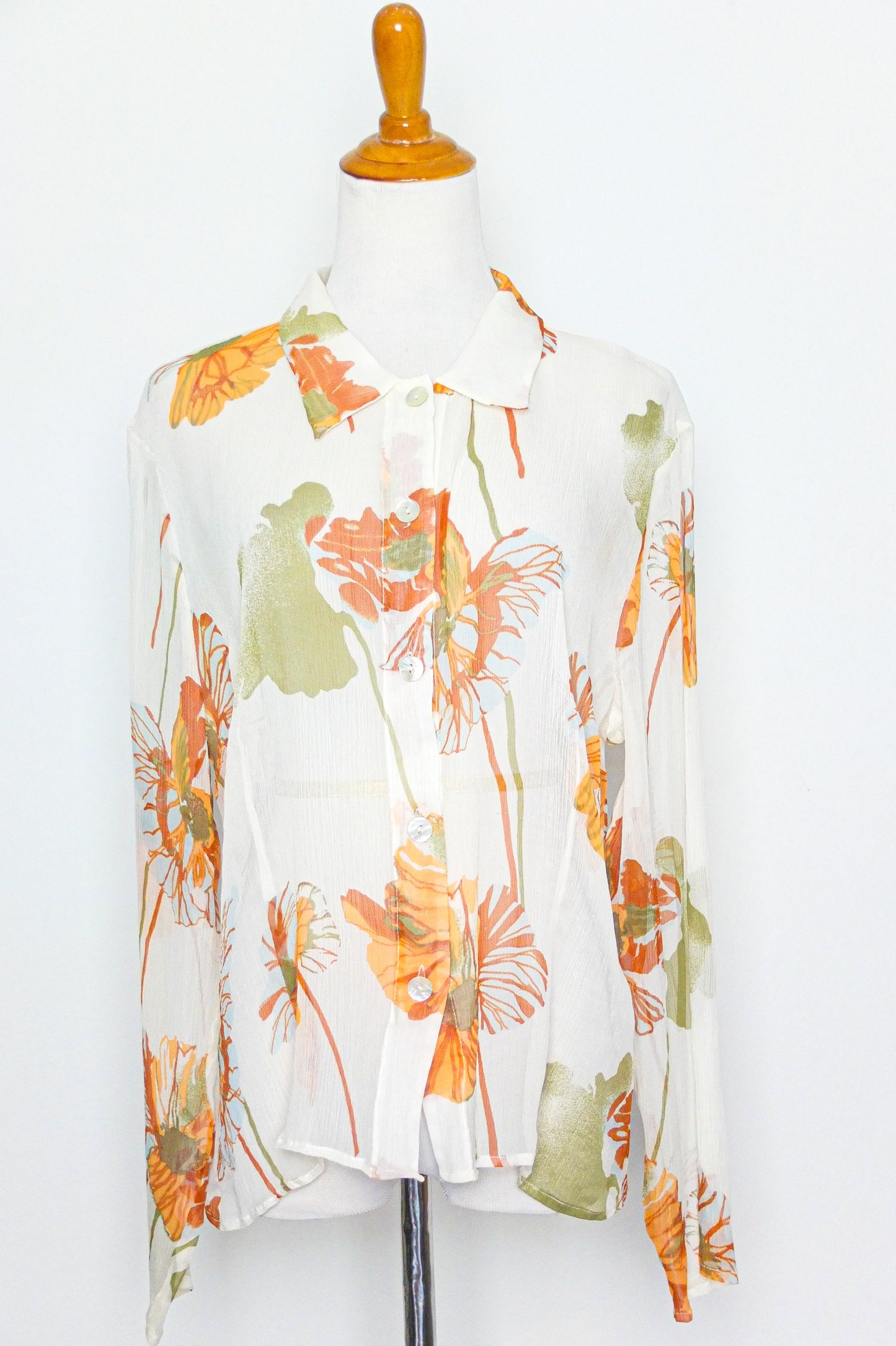 Vintage Cream Orange Floral Silk Blouse (M-L)