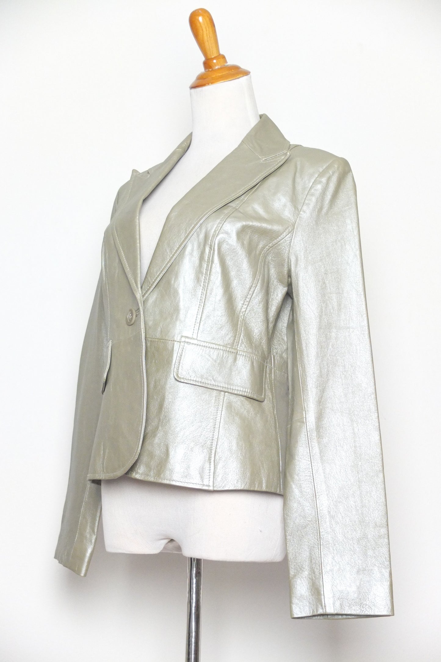 Vintage Metallic Silver Leather Blazer Jacket (M)