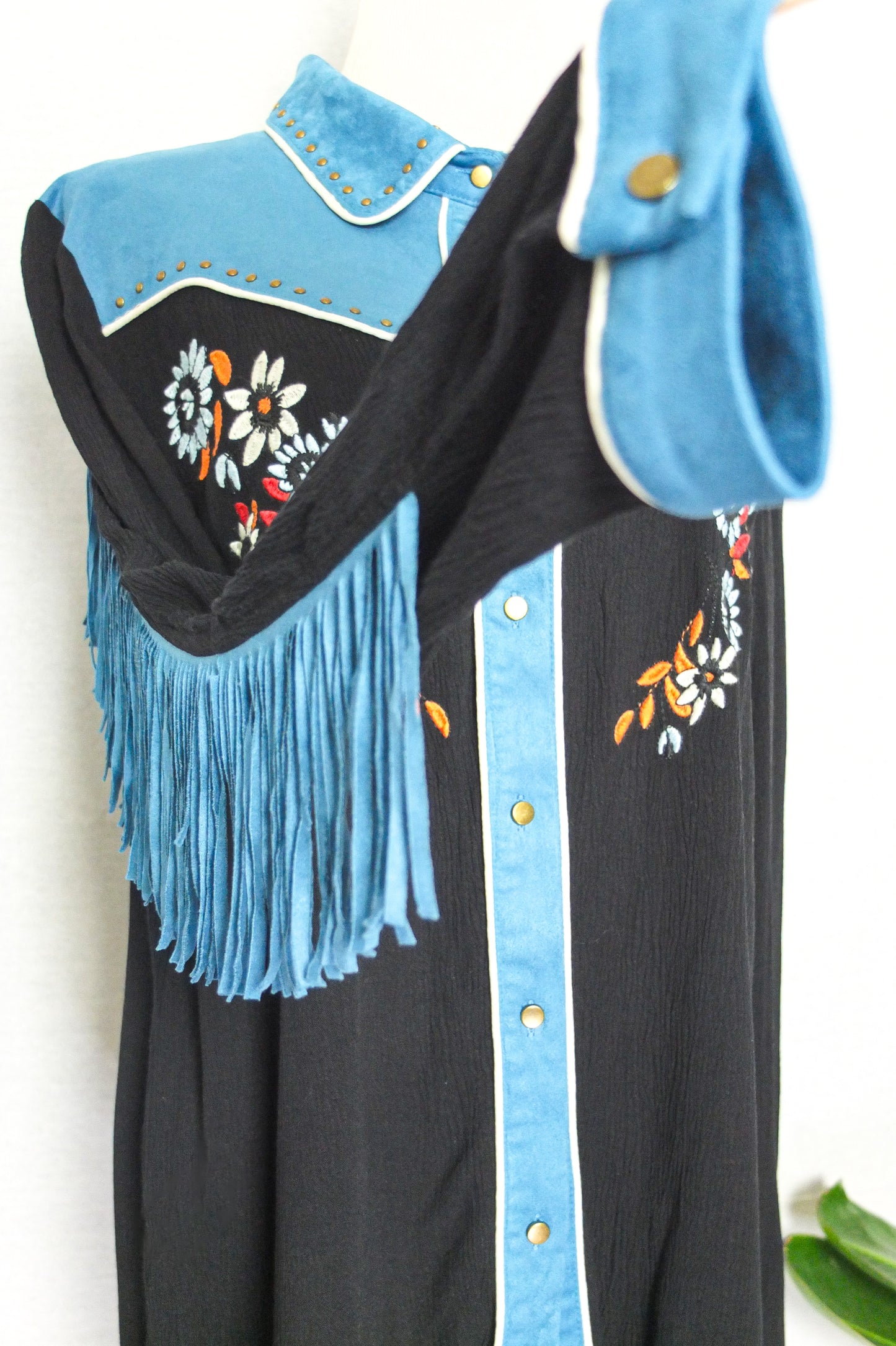 John Moon Blue Embroidered Western Fringe Shirt (M)